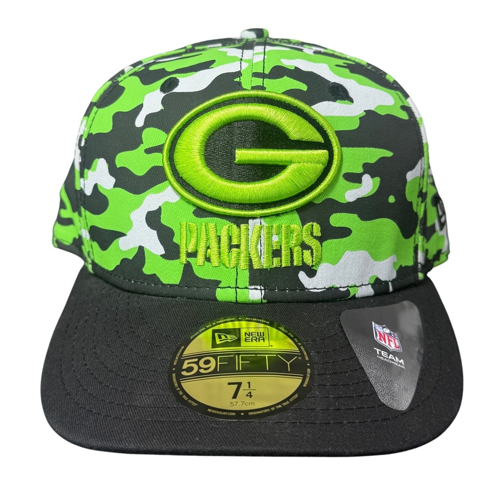 New Era 59FIFTY Hat Mens 7 1/4 Green Camo Packers NFL Fitted Flat Brim Cap